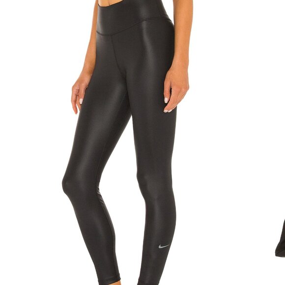 Nike Dri-Fit Mid Rise Shine Black 7/8 Leggings Gray Swoosh Size S $70 - Picture 1 of 9